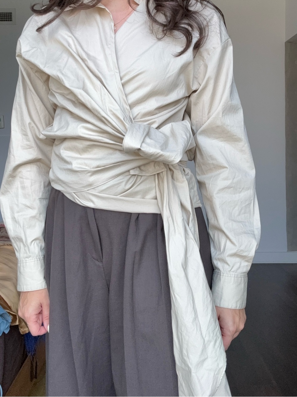 Zara Cream Wrap-Front Blouse with Side Tie